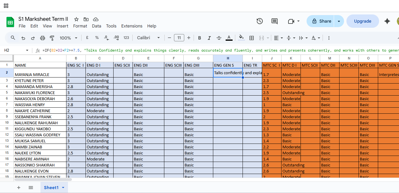 Excel-based Report Card before Shuleni
