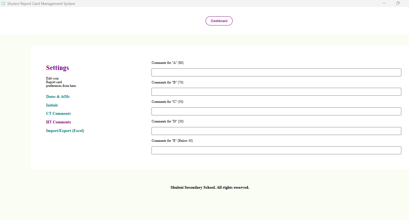Shuleni Report Card Management System comments