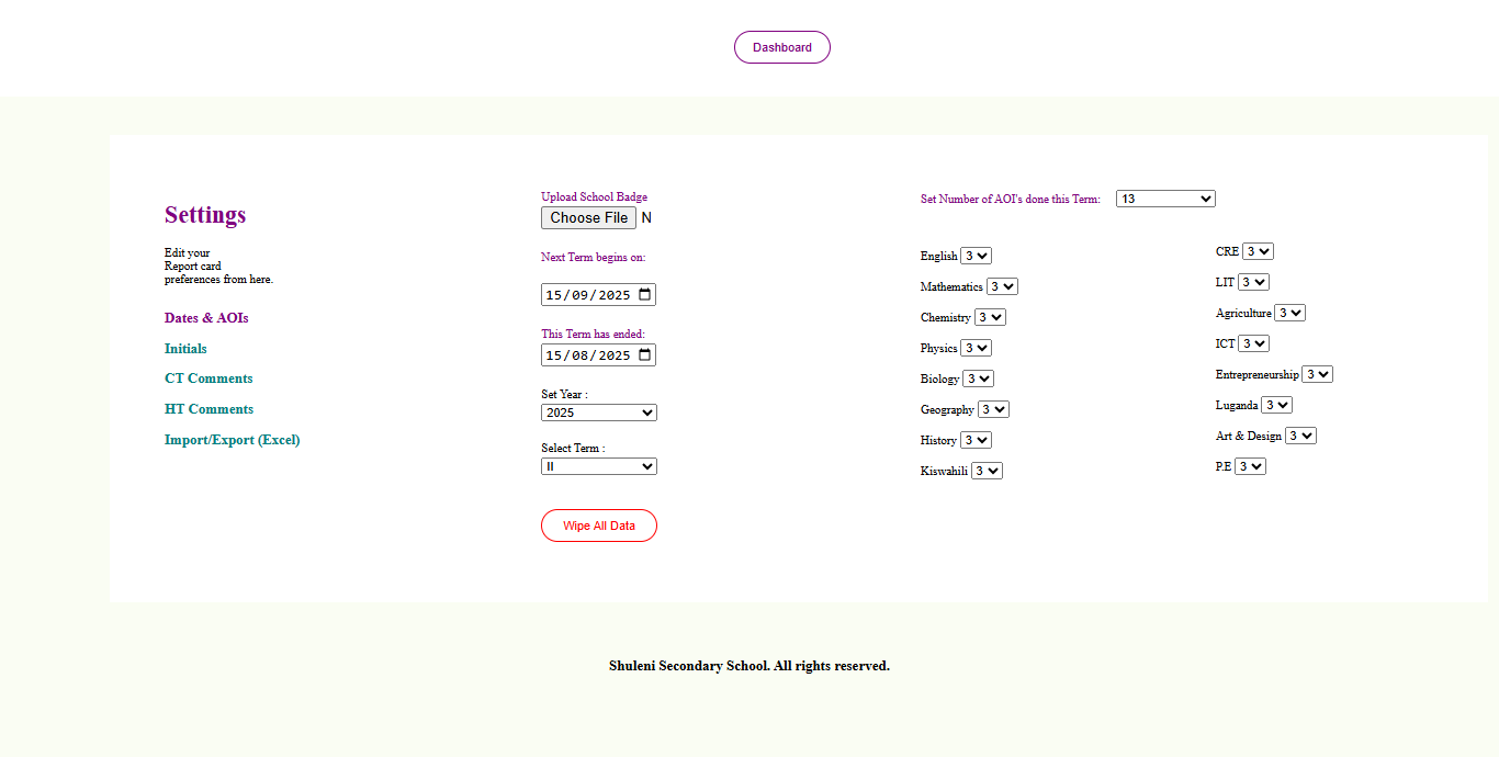 Shuleni Report Card Management System Settings
