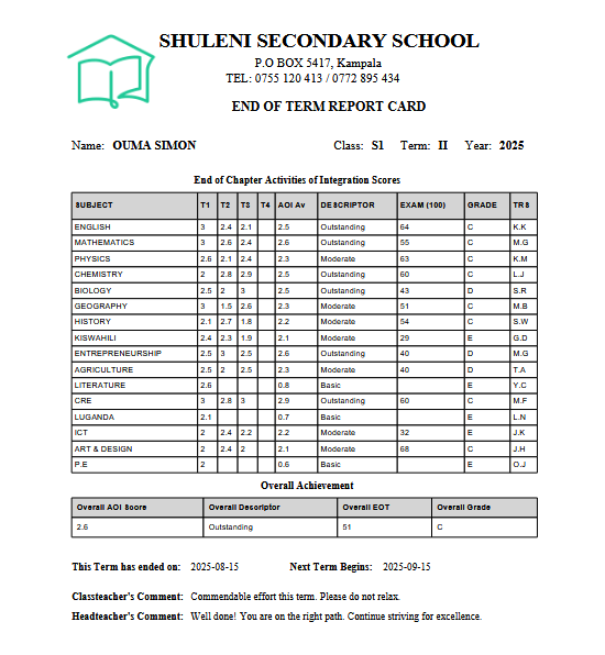 Shuleni's Uganda New Curriculum report card template