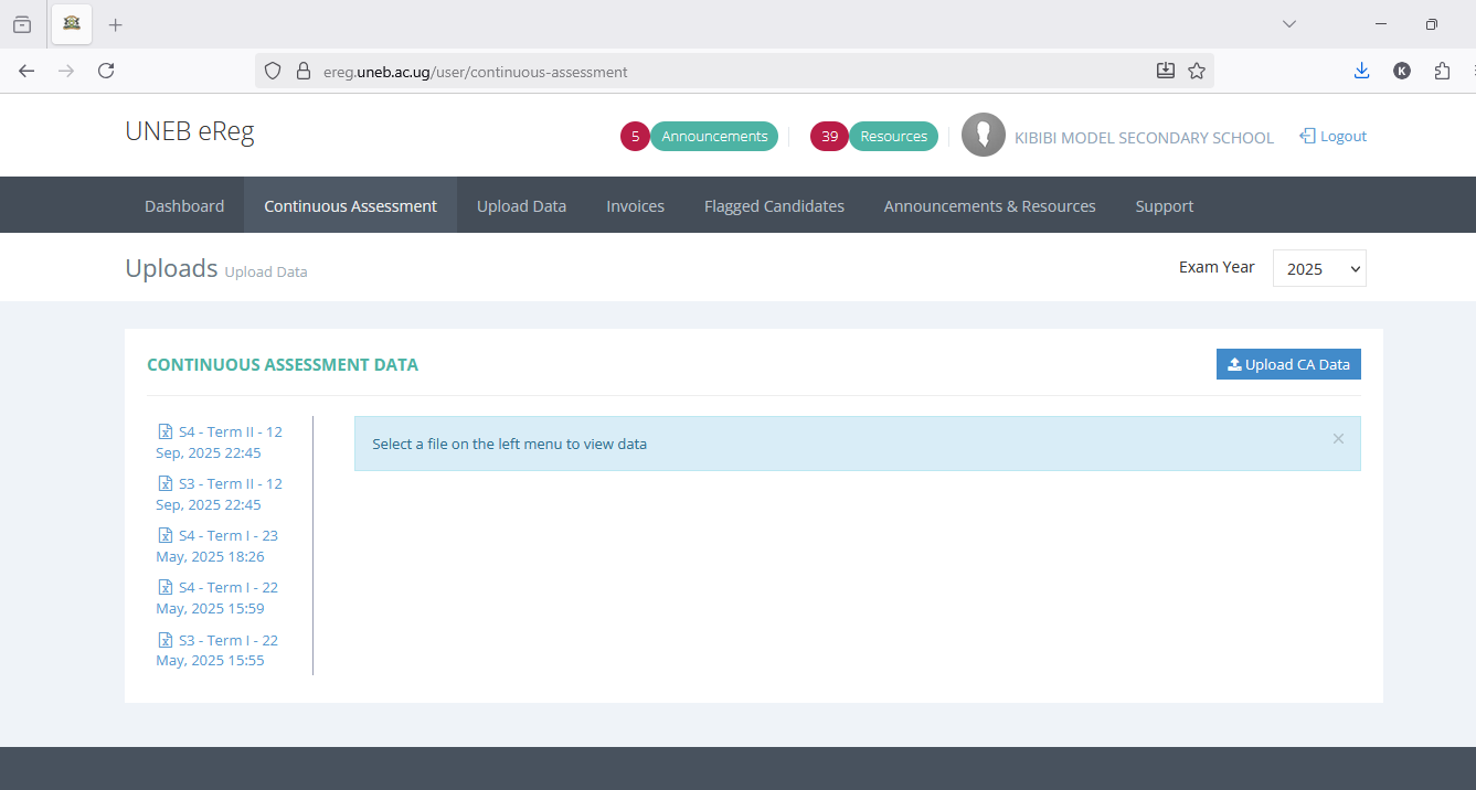 uneb ca upload dashboard