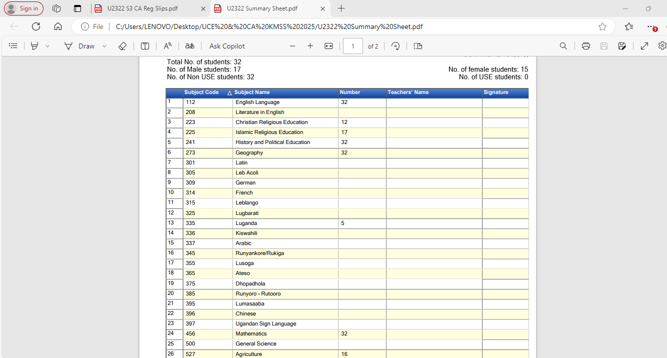 UNEB UCE Registration Summary Sheet